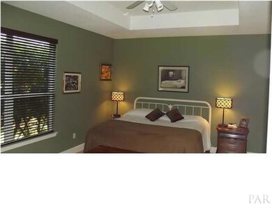 Master bedroom with trey ceiling on the back of the home.