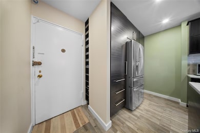 Kitchen featuring stainless steel appliances, modern cabinets, and light wood-style floors