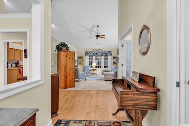 Hallway with ornamental molding and light wood-typ