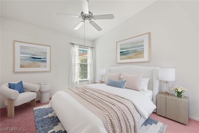 Carpeted bedroom virtual featuring ceiling fan