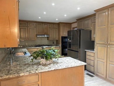 Kitchen with under cabinet range hood, a sink, light stone countertops, refrigerator with ice dispenser, and decorative backsplash
