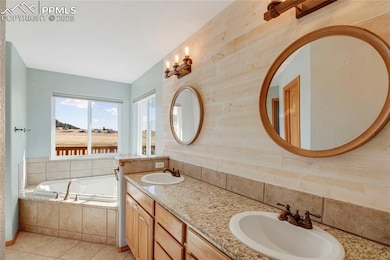 Primary bathroom with double vanity, spa tub and s