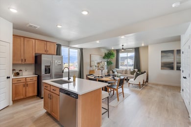 Kitchen featuring open floor plan, appliances with stainless steel finishes, light wood-style flooring, a kitchen island with sink, and recessed lighting