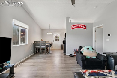 Living room featuring wood finished floors, a chandelier, a ceiling fan, and a textured ceiling