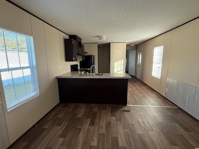 Kitchen featuring light countertops, dark wood-style flooring, a peninsula, dark cabinetry, and a decorative wall
