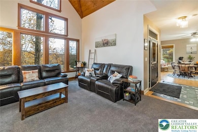 Living room with wall of windows, vaulted ceiling w/knotty pine accents