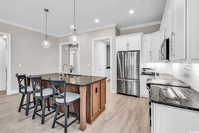Kitchen featuring stainless steel appliances, a sink, light wood-style flooring, tasteful backsplash, and dark stone countertops
