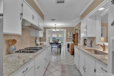 Kitchen with white cabinets, sink, decorative back