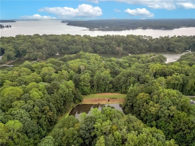 Drone / aerial view of a nearby body of water and a forest