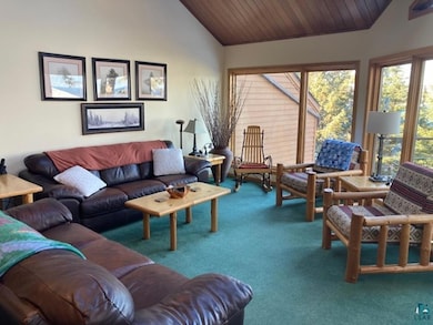 Living room with carpet floors, wooden ceiling, and vaulted ceiling