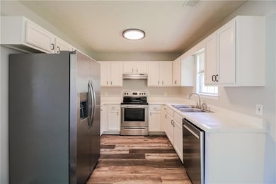 Kitchen featuring wood finished floors, a sink, appliances with stainless steel finishes, white cabinets, and under cabinet range hood
