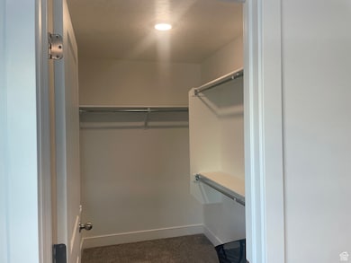 Walk in closet featuring dark carpet