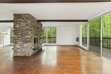 Living room with walls of glass & stone fireplace