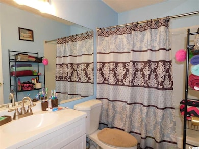 Bathroom featuring vanity, toilet, and a shower with curtain