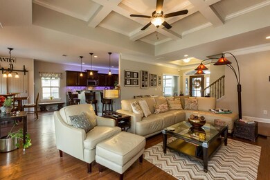 The living room is open to the kitchen, which is great for entertaining. And this coffered ceiling - beautiful!