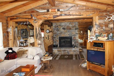 Living room and family room area with wood-burning