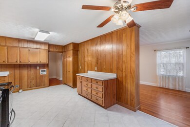 Kitchen featuring ceiling fan, wood walls, and ele