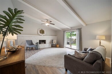 Vaulted & beamed Great Room with newly painted fir