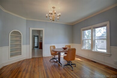 A big dining area with a display built in.