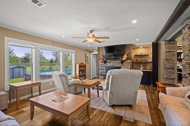 Great room with exposed beams
