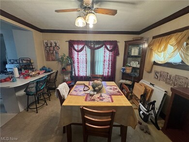 Dining room with carpet floors, ceiling fan, and ornamental molding