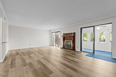 Fireplace flanked by glass doors.