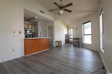 Living room featuring vaulted ceiling, dark wood-style flooring, and a ceiling fan