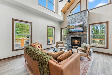 Living area featuring a stone fireplace, high vaul