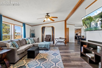 Living room featuring ceiling fan, lofted ceiling,