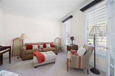 Carpeted living area with crown molding and baseboards