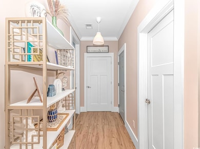 Entryway featuring baseboards, visible vents, orna