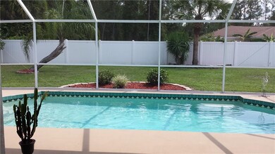 View from covered lanai of sparkling pool and fenced in yard