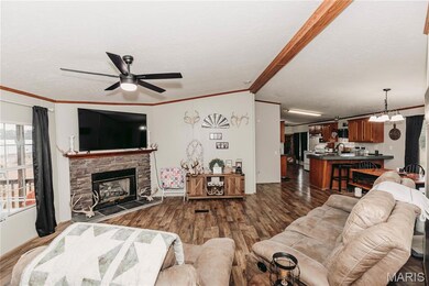 Living area featuring crown molding, dark wood finished floors, lofted ceiling, a stone fireplace, and a ceiling fan