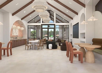 Dining space featuring beamed ceiling, a chandelier, high vaulted ceiling, recessed lighting, and a ceiling fan