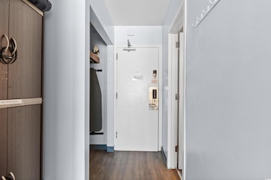 Hallway featuring dark wood-type flooring