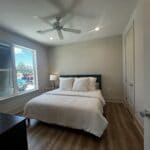 Bedroom with recessed lighting, ceiling fan, and w