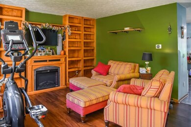 Living room with an electric fireplace framed by s