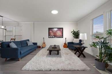 Living area featuring ornamental molding, baseboards, a notable chandelier, and wood finished floors