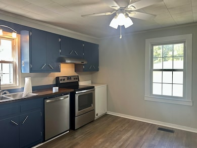 Kitchen featuring blue cabinetry, stainless steel appliances, dark wood-style flooring, ornamental molding, and dark countertops