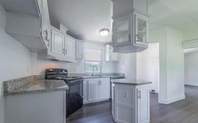 Kitchen with black / electric stove, white cabine