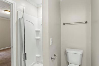 Full bath with crown molding and a shower stall
