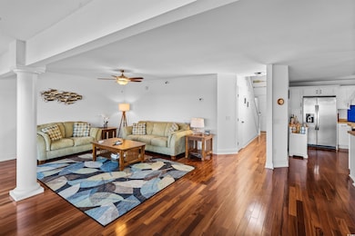 Living room featuring ornate columns, dark wood-type flooring, and ceiling fan