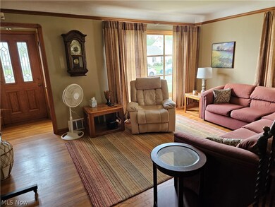 Living room featuring ornamental molding and wood-type flooring