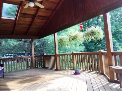 Large cathedral height covered deck with skylights