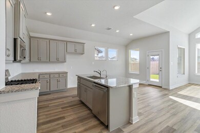 Kitchen with stainless steel appliances, gray cab