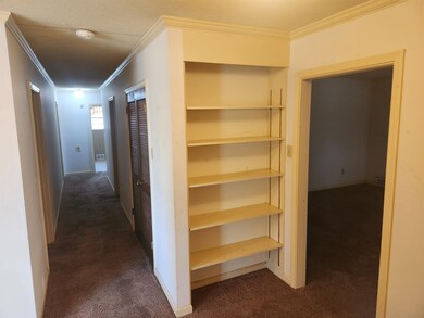 Corridor with carpet floors and ornamental molding