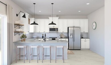 Kitchen with floating shelves and matte black lighting