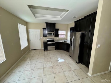 Kitchen with stainless steel appliances, a sink, light countertops, dark cabinetry, and a tray ceiling