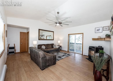 Living room with lofted ceiling, baseboard heating