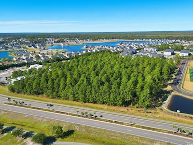 Aerial perspective of suburban area featuring a large body of water